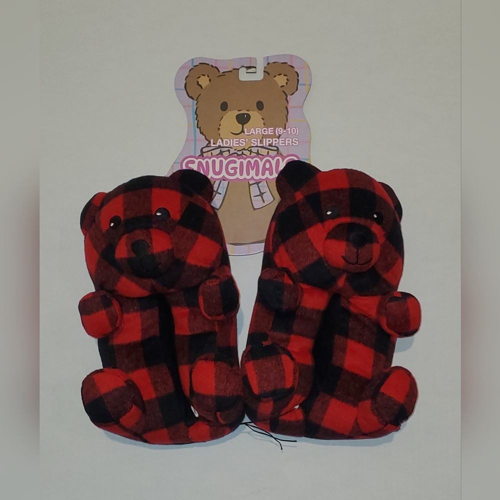 Red Buffalo Plaid Bear Womens Slippers  Sz 9/10/Lrg
